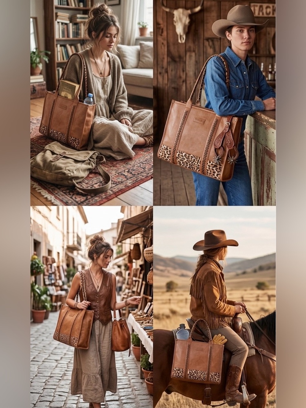 Vintage Wrangler Women’s Tan Leather Tote Bag with Leopard Trim.